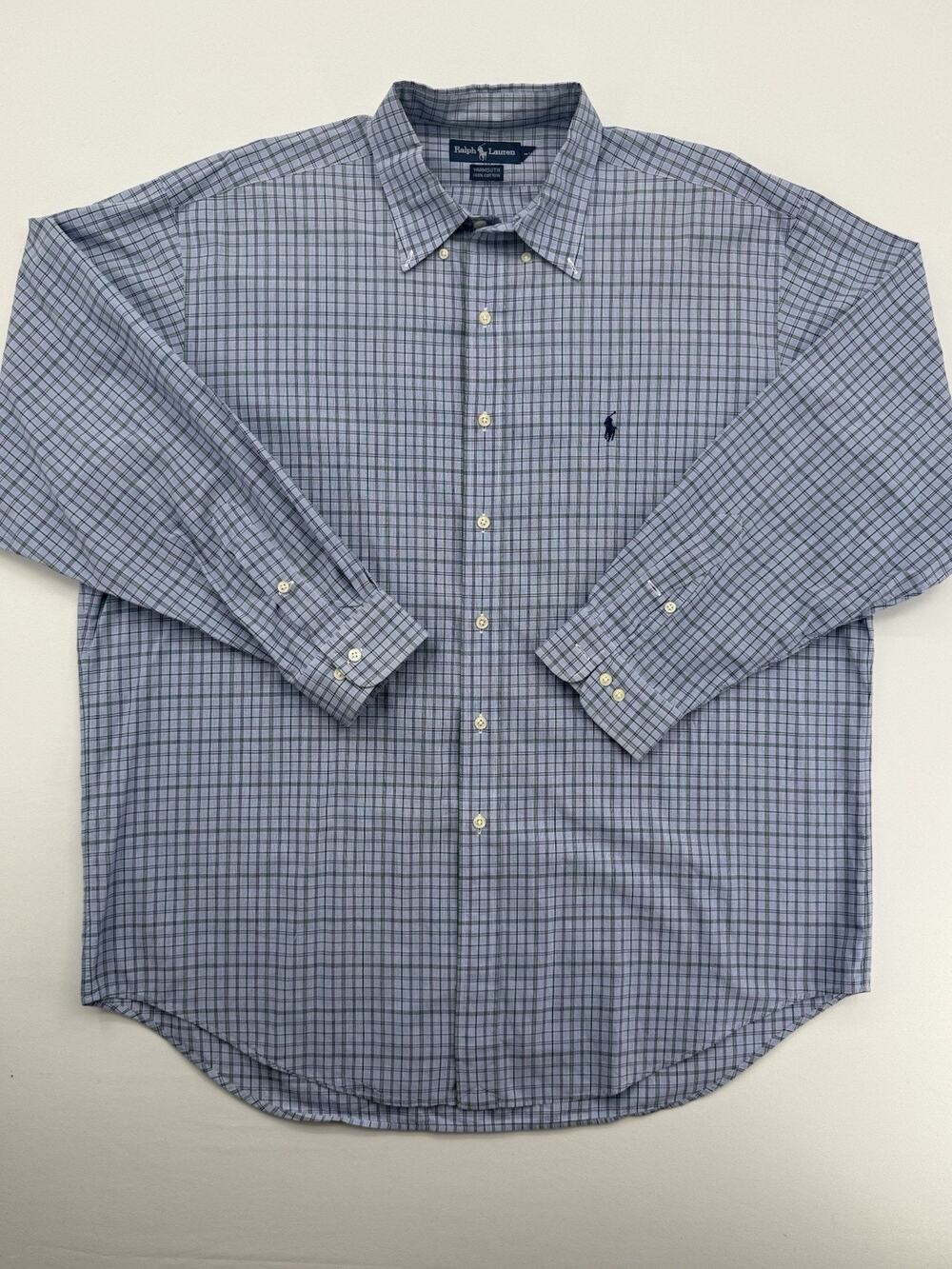 Ralph Lauren Yarmouth Shirt Mens 17 1/2Plaid Blue Button Down Office Pony Oxford